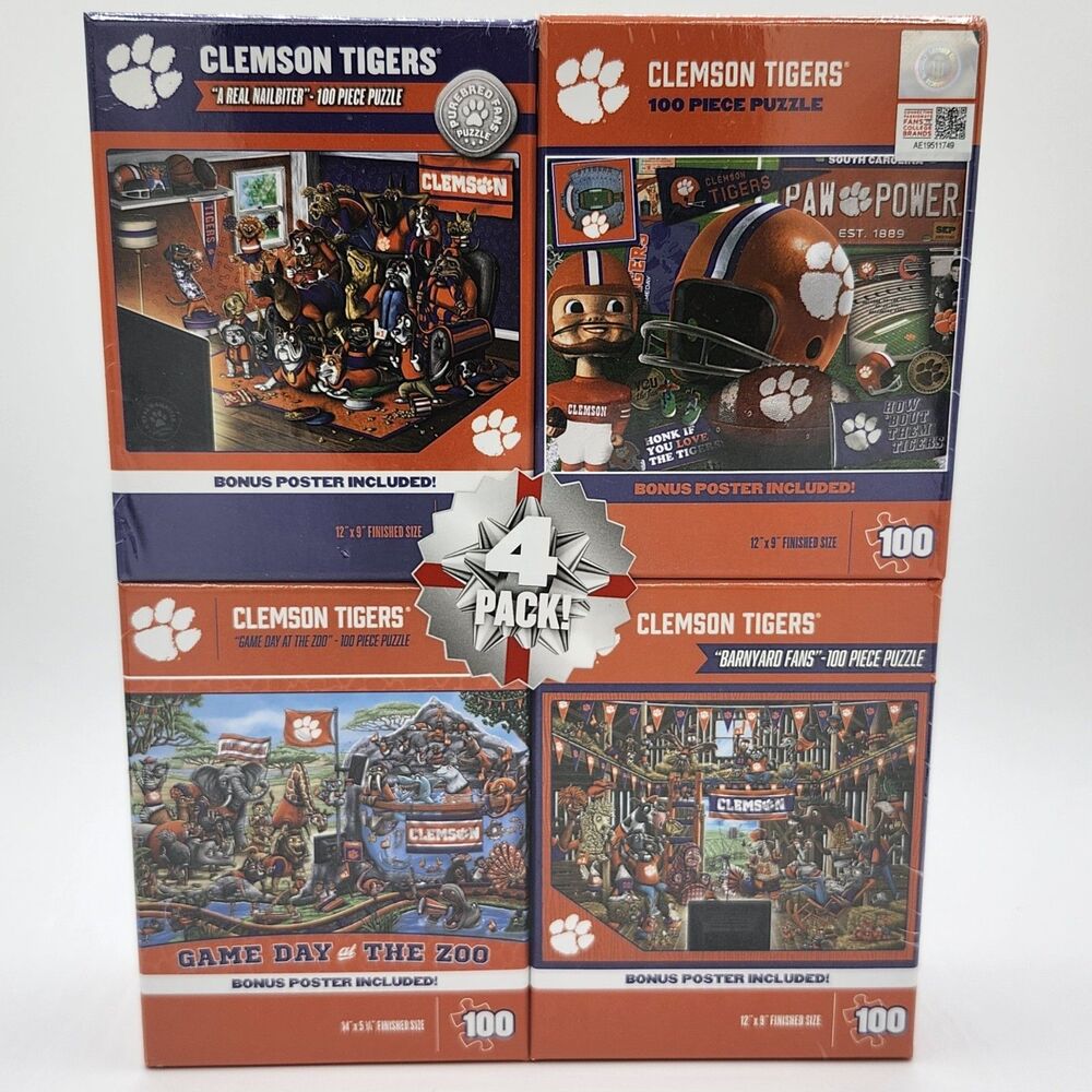 Clemson Tigers 100-Piece Jigsaw Puzzle 4-Pack w/ Bonus Posters (NIP)